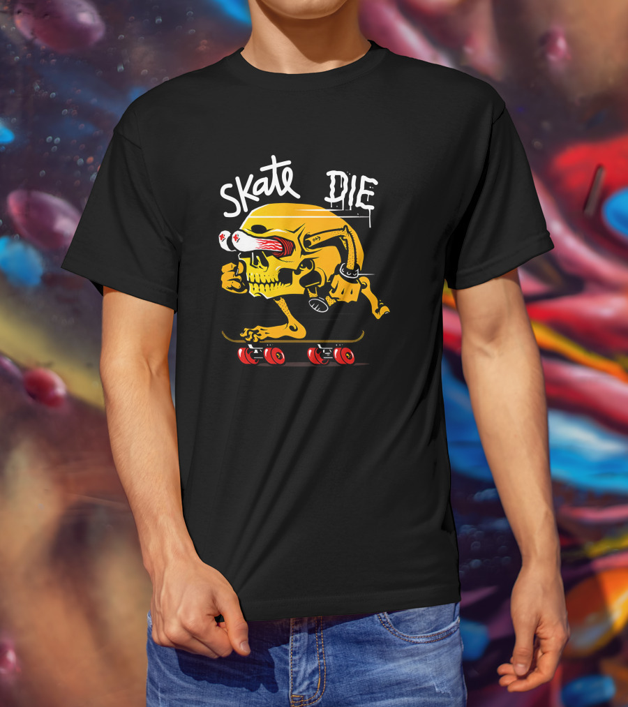 Skate Or Die Thrill-Seeking Skull On Skateboard T-Shirt