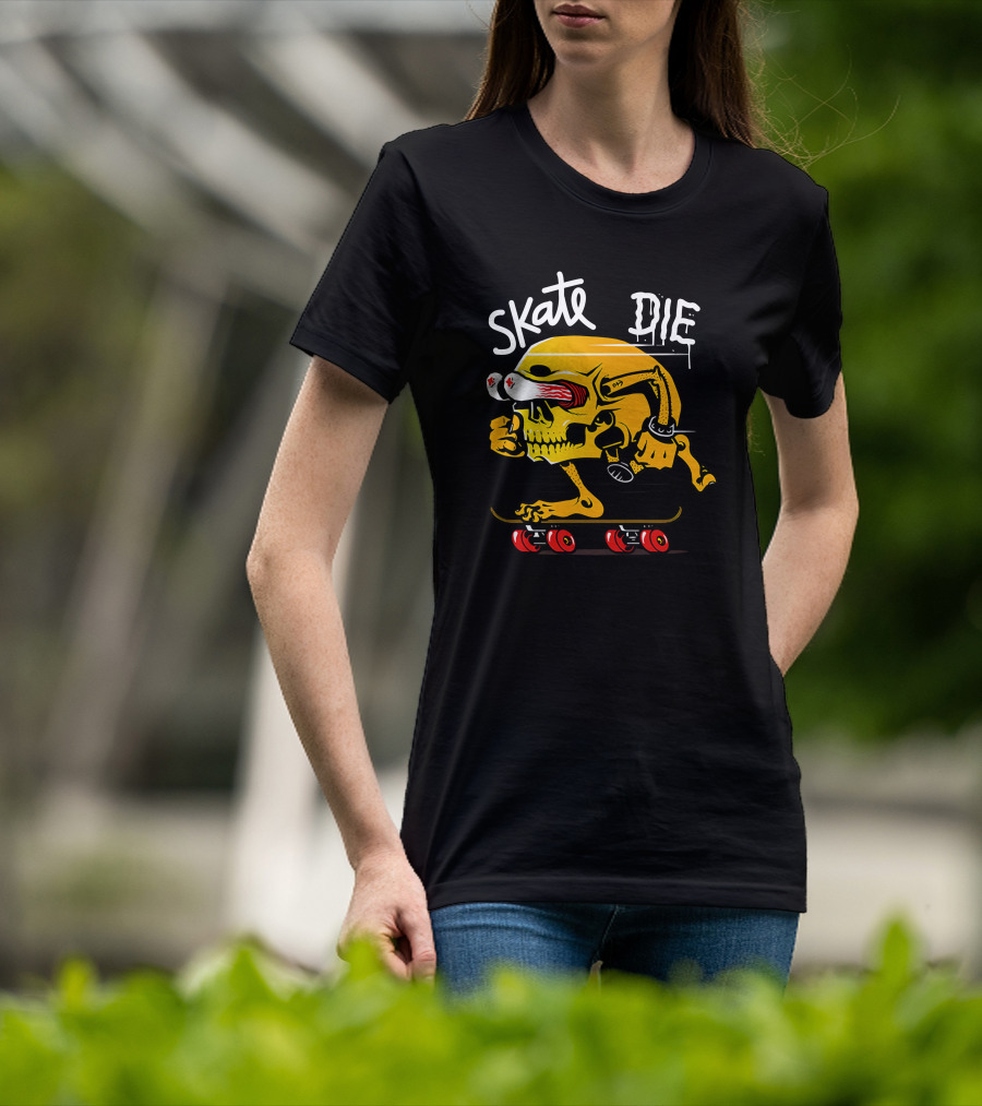 Skate Or Die Thrill-Seeking Skull On Skateboard T-Shirt