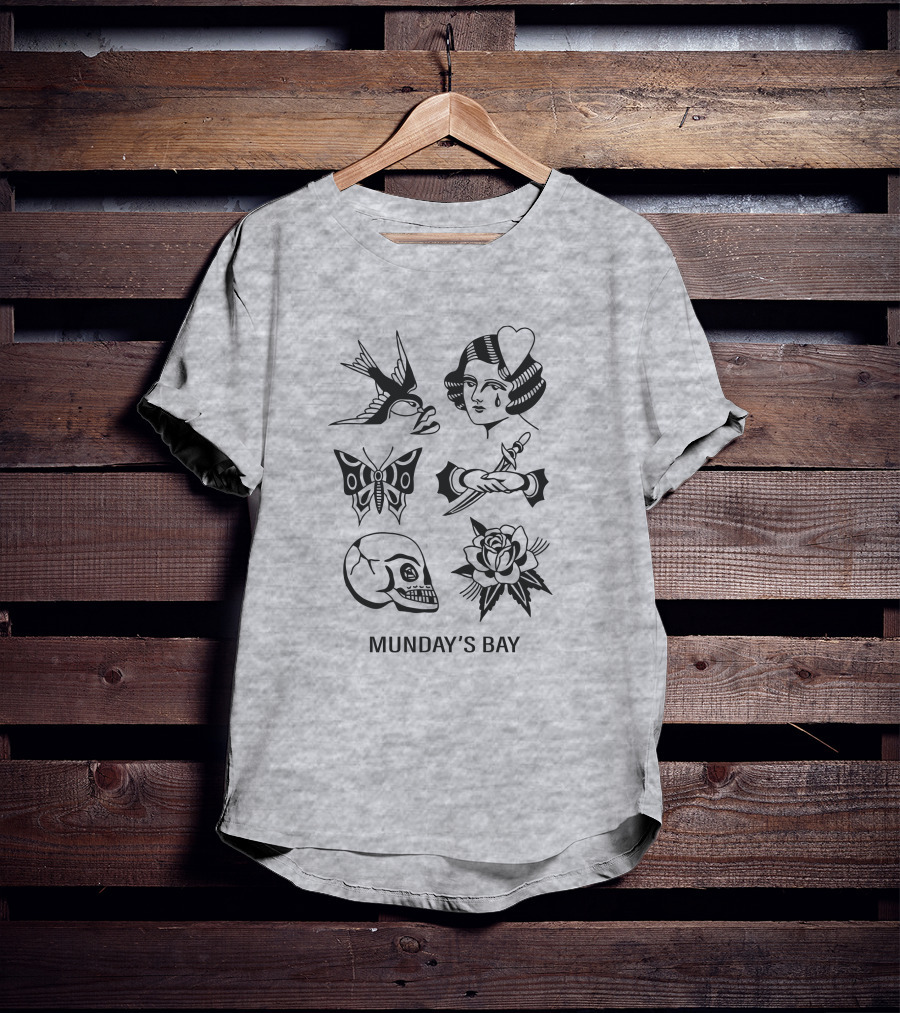 Munday's Bay Traditional Tattoo Style Icons Butterfly Skull Rose Swallow Woman Dagger T-Shirt