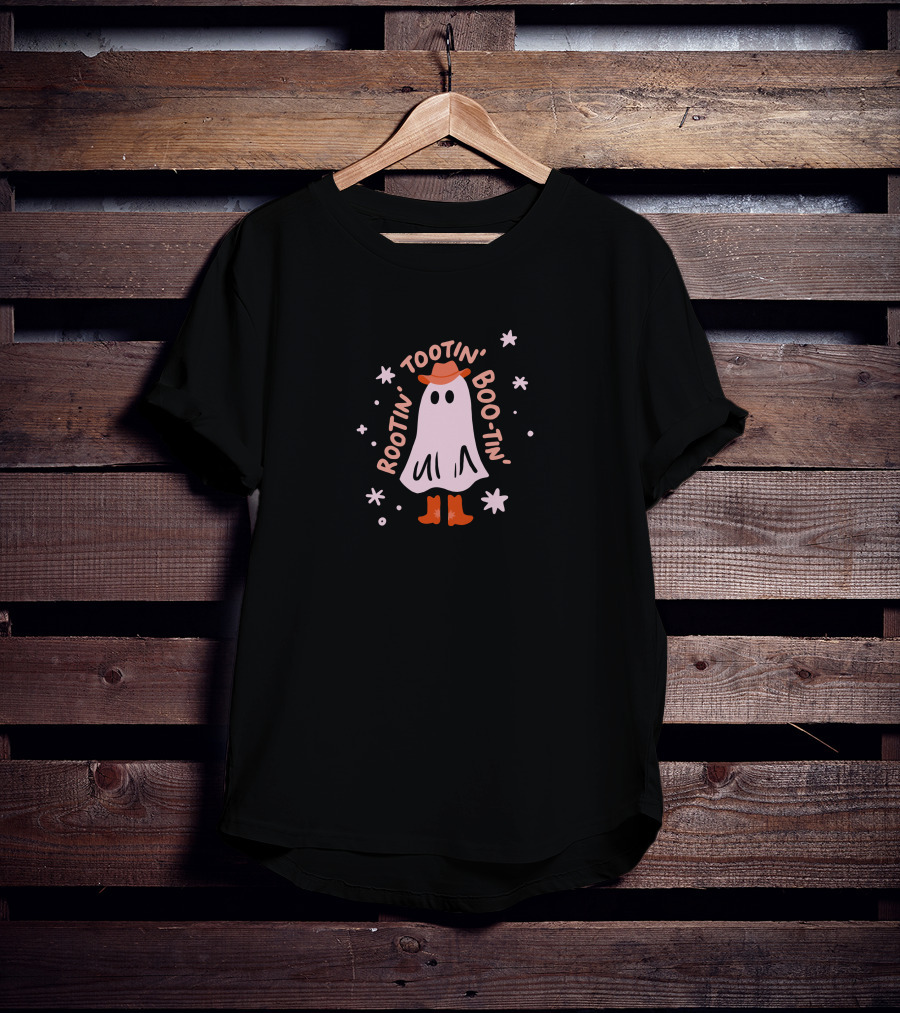 Rootin Tootin Boo Tin Ghost With Cowboy Hat And Boots Surrounded By Stars T-Shirt