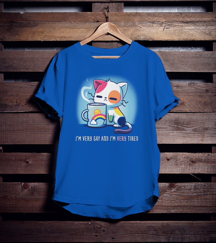 I'm Very Gay And I'm Very Tired Cat With Coffee And Rainbow Sun Cup T-Shirt