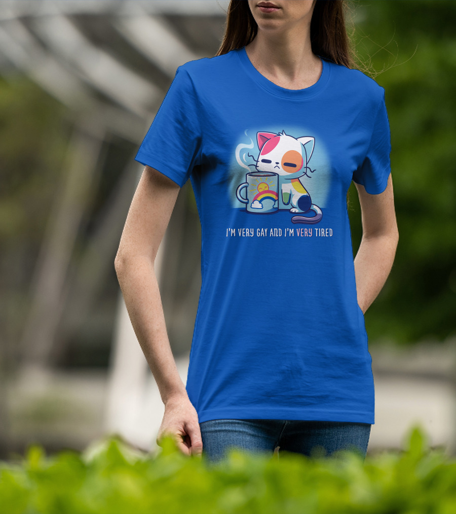I'm Very Gay And I'm Very Tired Cat With Coffee And Rainbow Sun Cup T-Shirt