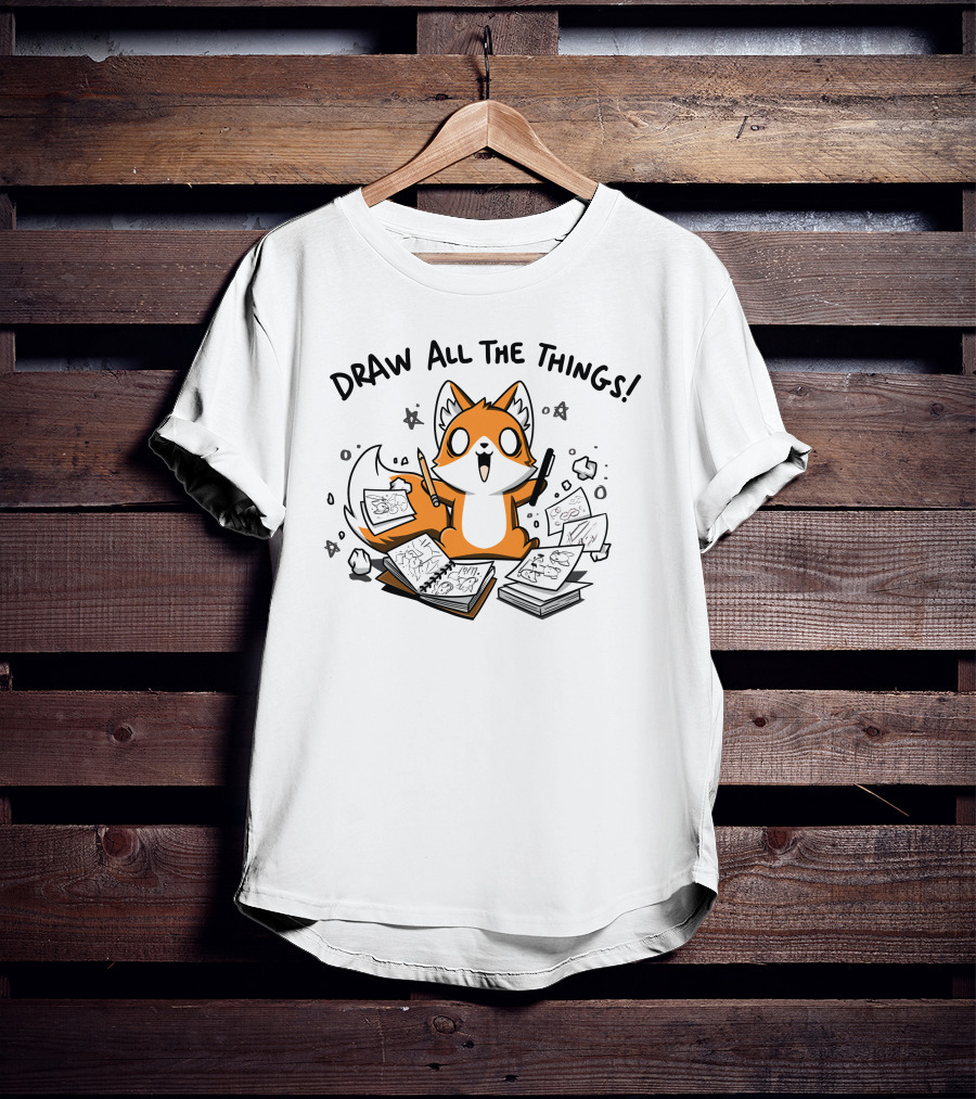 Fox With Sketchbooks And Pens Enthusiastically Draw All The Things T-Shirt