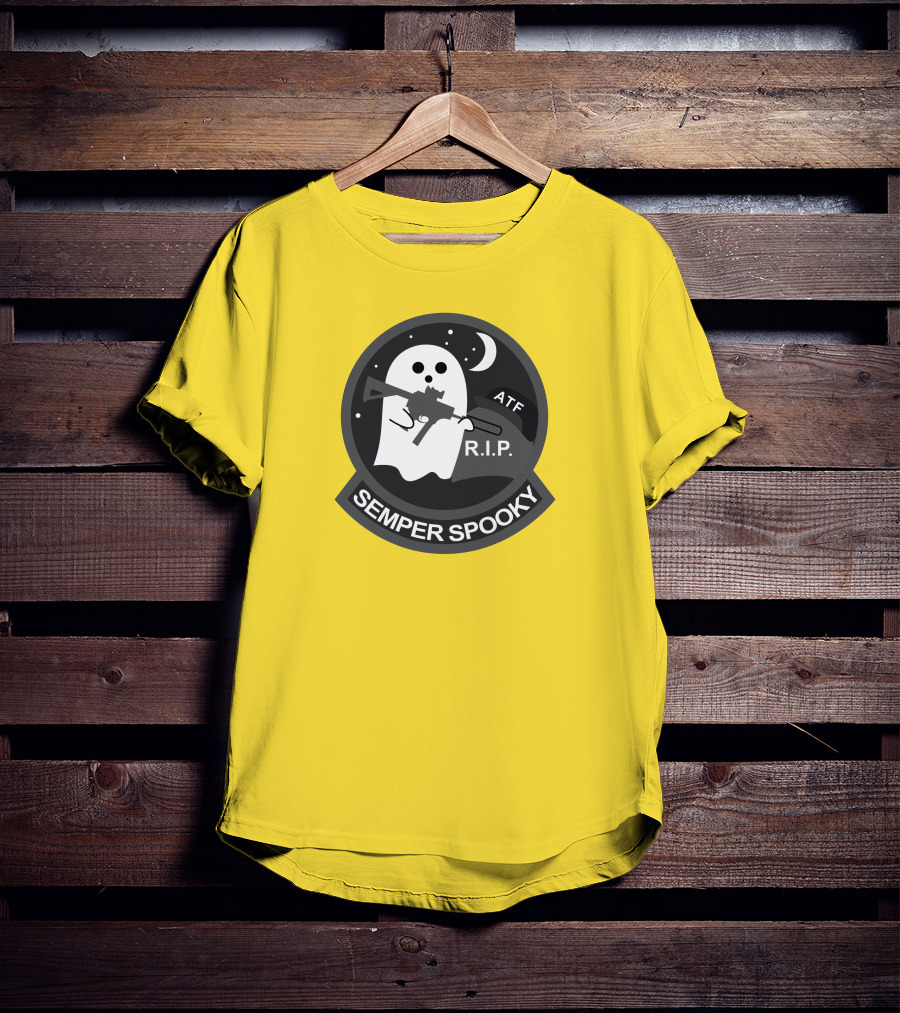 Semper Spooky Ghost With ATF Rifle And RIP Moon Badge T-Shirt