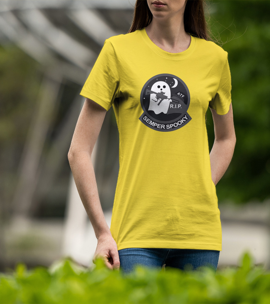 Semper Spooky Ghost With ATF Rifle And RIP Moon Badge T-Shirt