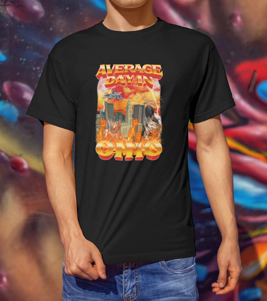 Average Day In Ohio Flaming Cityscape Fighter Jets Chaos T-Shirt
