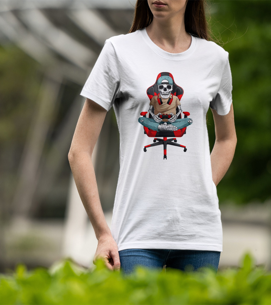 Skeleton Gamer In Cool Chair With Headphones And Controller T-Shirt