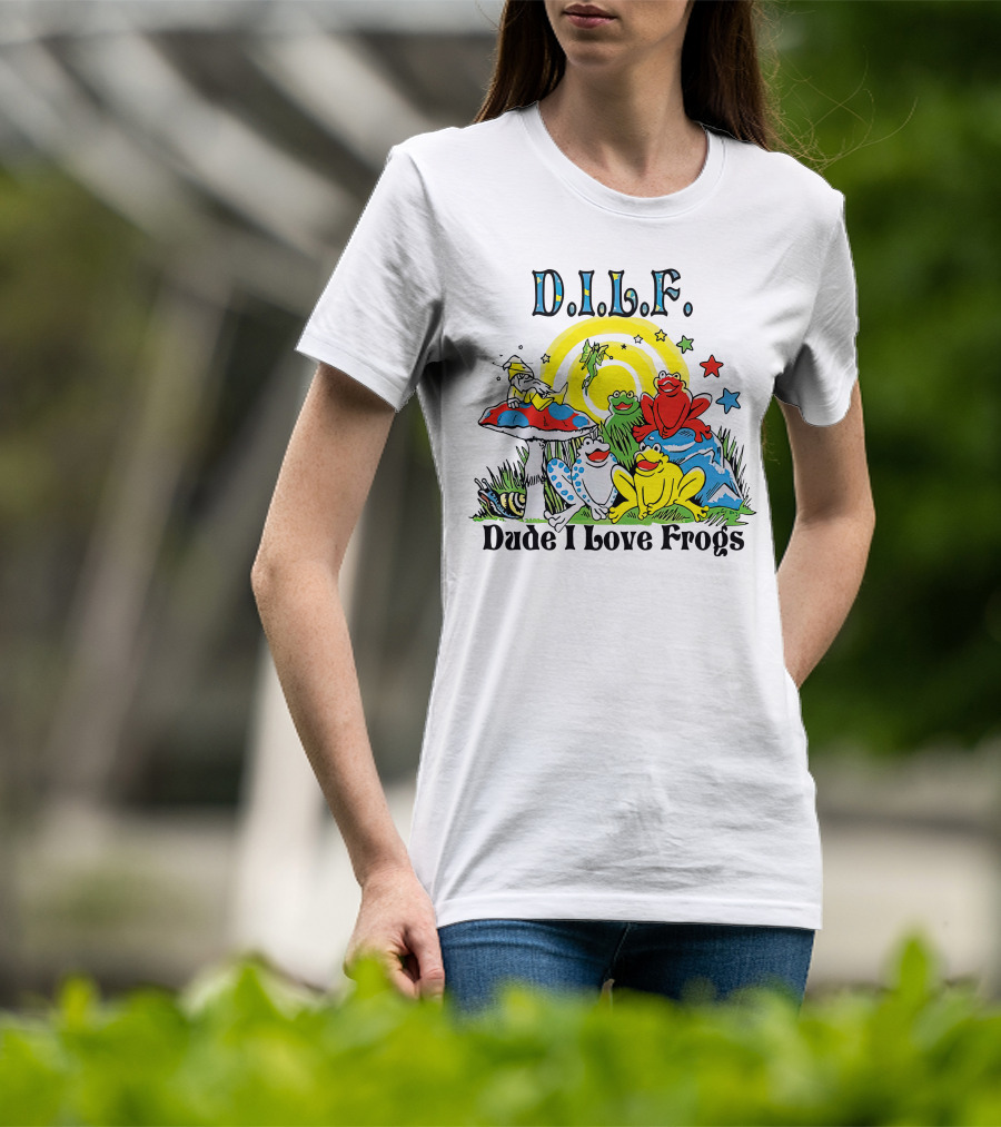 D.I.L.F. Dude I Love Frogs Colorful Frog Scene With Stars And Mushrooms T-Shirt