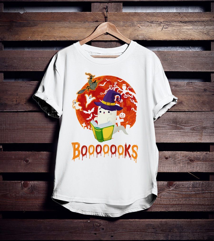 BOOOOOOKS Ghost Reading Witch Hat Halloween Scene T-Shirt