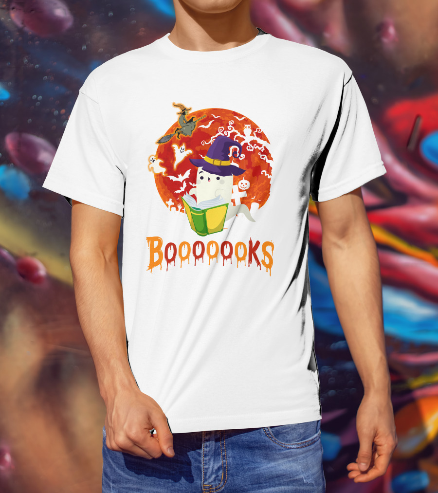 BOOOOOOKS Ghost Reading Witch Hat Halloween Scene T-Shirt