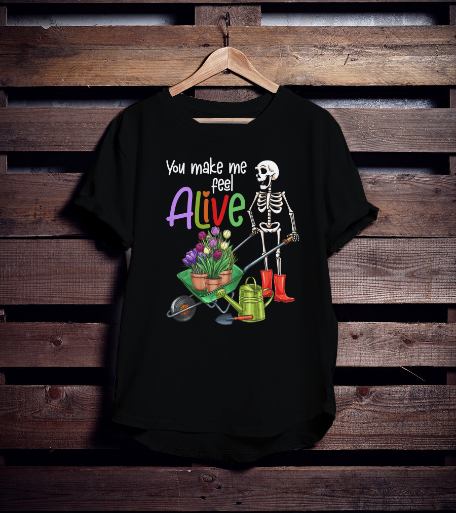 Alive Gardening Farmer Skeleton With Tulips And Watering Can T-Shirt