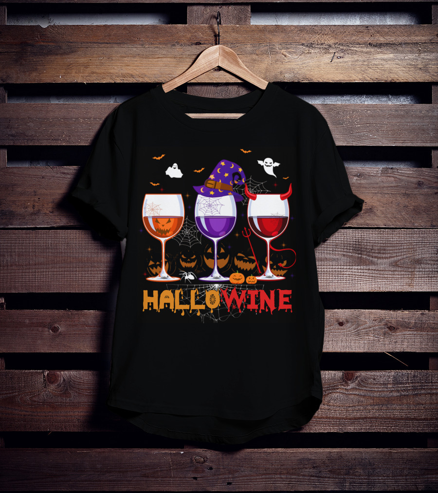 Haloween Hallowine Witch Hat Devil Horns Jack-O'-Lanterns Wine Glasses T-Shirt