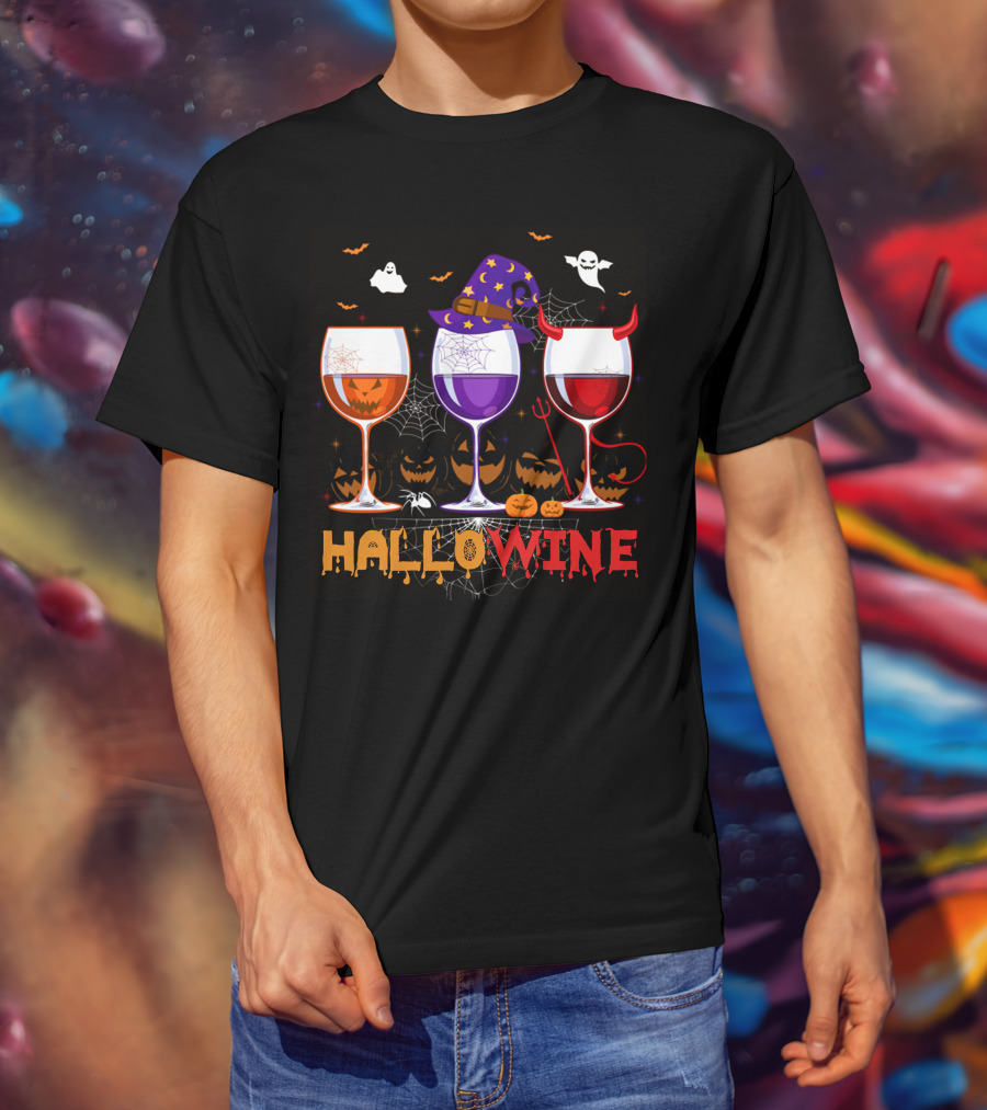 Haloween Hallowine Witch Hat Devil Horns Jack-O'-Lanterns Wine Glasses T-Shirt