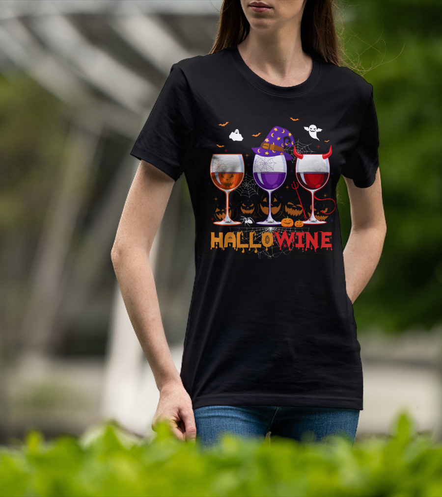 Haloween Hallowine Witch Hat Devil Horns Jack-O'-Lanterns Wine Glasses T-Shirt