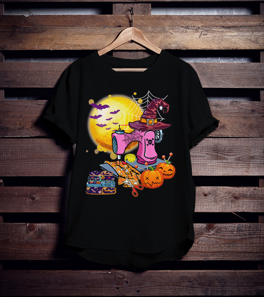 Sewing Machine Witch Hat Halloween Pumpkins Bats Moon T-Shirt