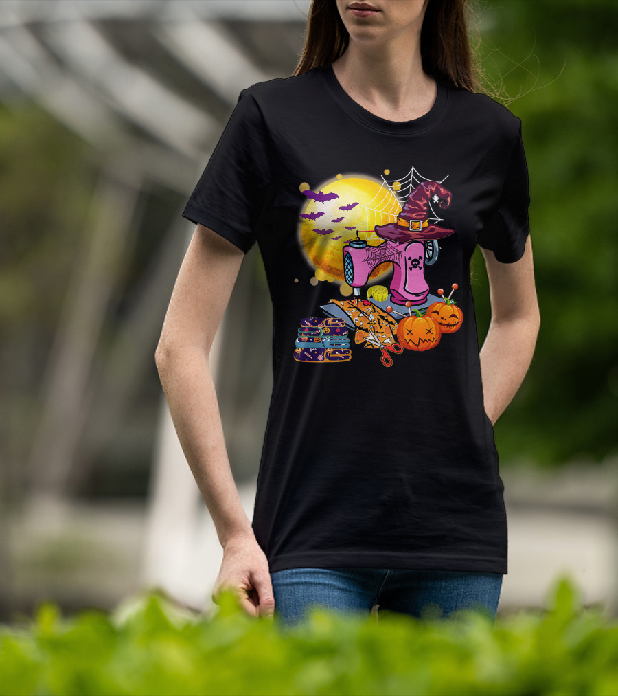Sewing Machine Witch Hat Halloween Pumpkins Bats Moon T-Shirt