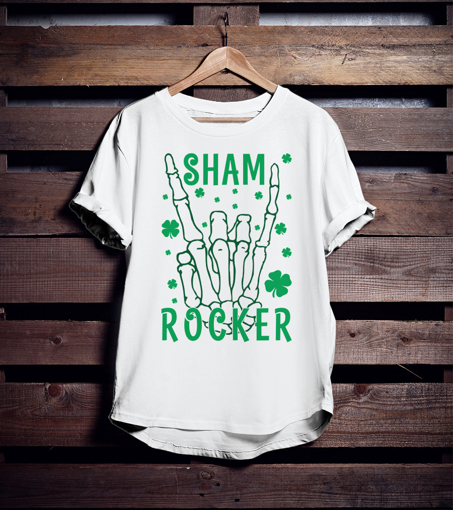 SHAM ROCKER Skeleton Hand With Shamrocks T-Shirt