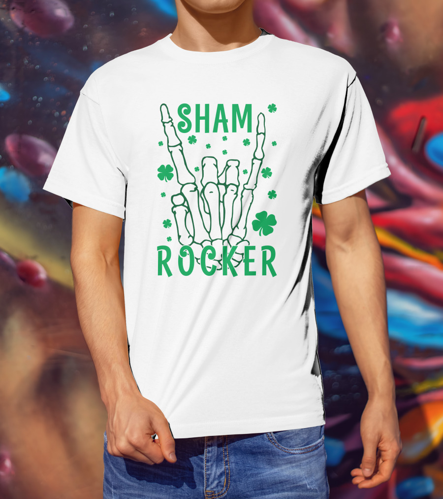 SHAM ROCKER Skeleton Hand With Shamrocks T-Shirt