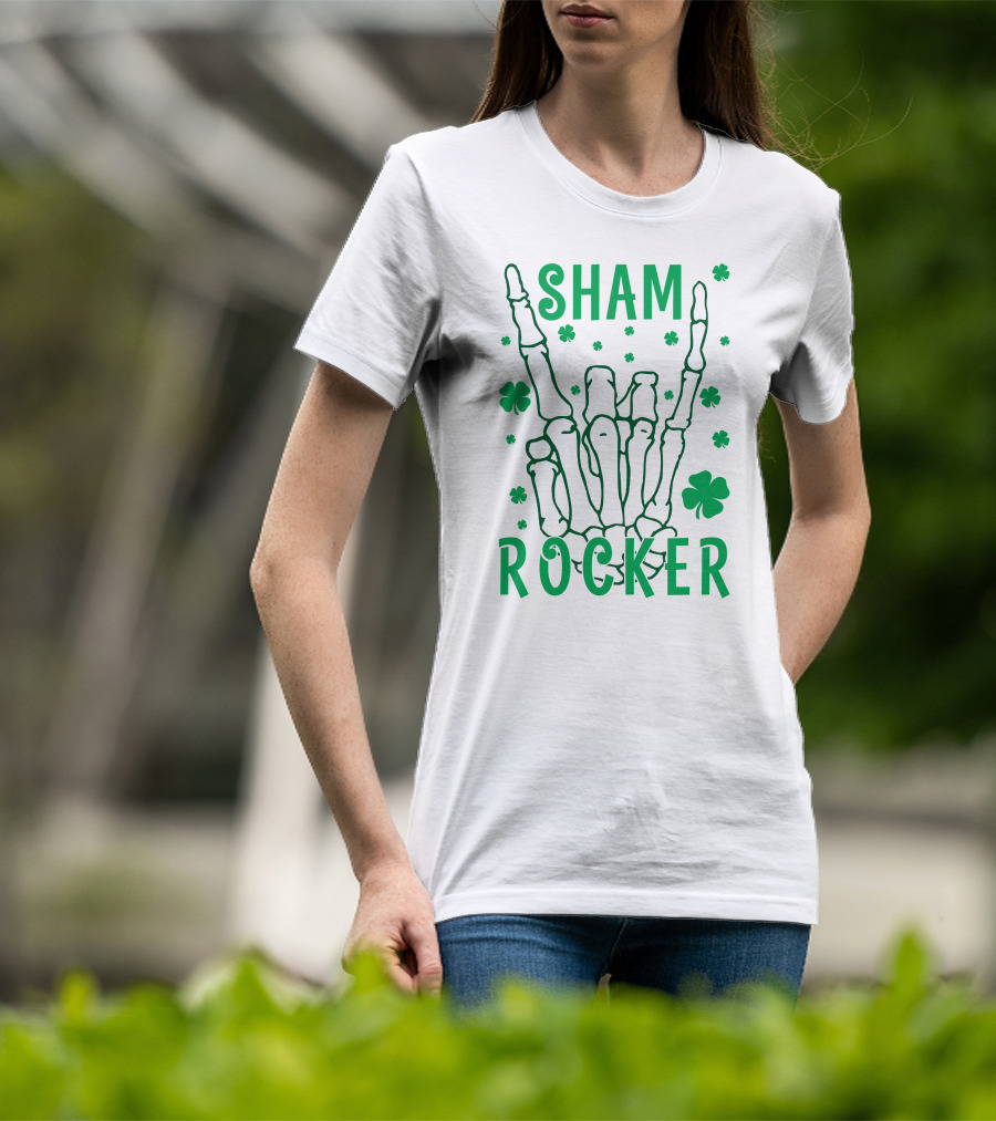 SHAM ROCKER Skeleton Hand With Shamrocks T-Shirt