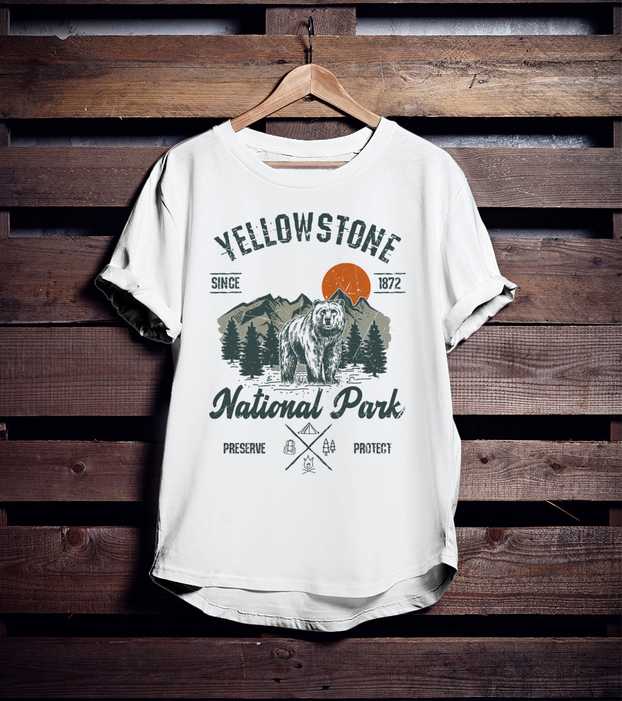 Yellowstone National Park Since 1872 Preserve Protect Vintage Bear Mountain Trees T-Shirt