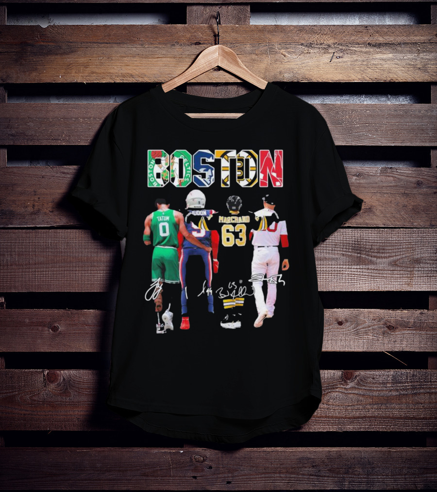 Boston Celtics Patriots Bruins Red Sox Tatum Iddon Marchand Signatures T-Shirt