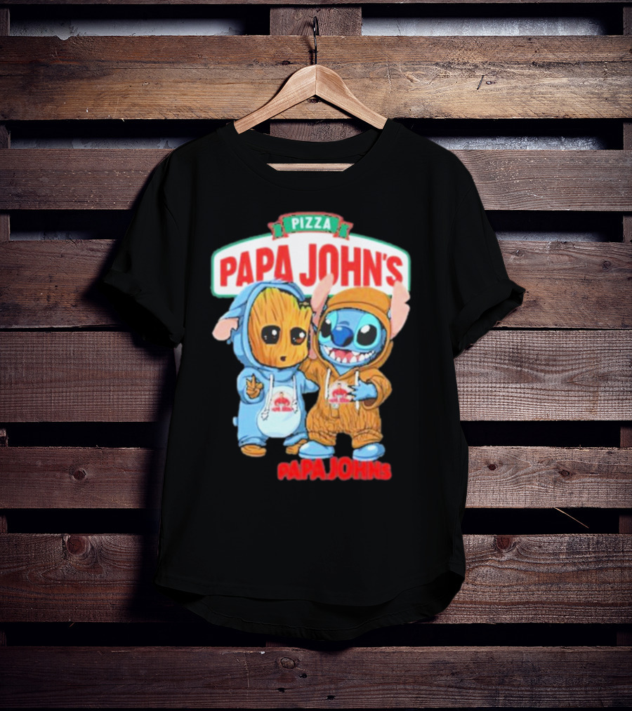 Papa John's Pizza With Groot And Stitch Characters T-Shirt