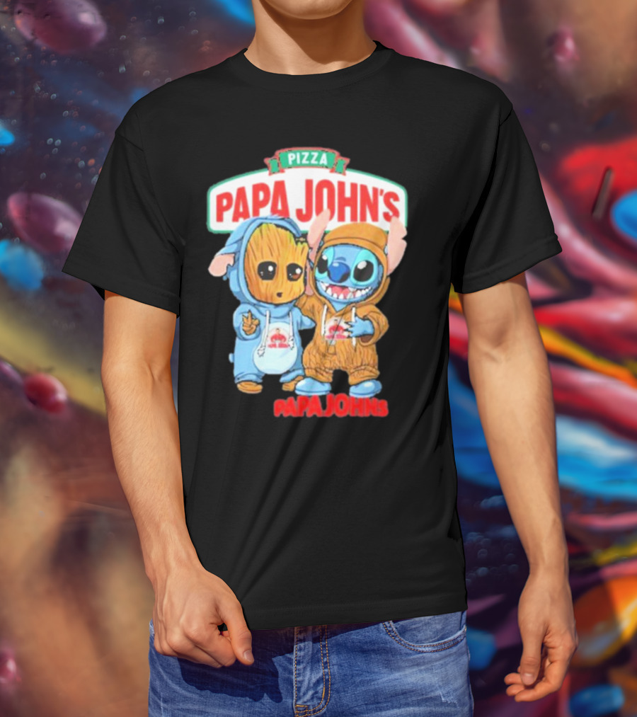 Papa John's Pizza With Groot And Stitch Characters T-Shirt