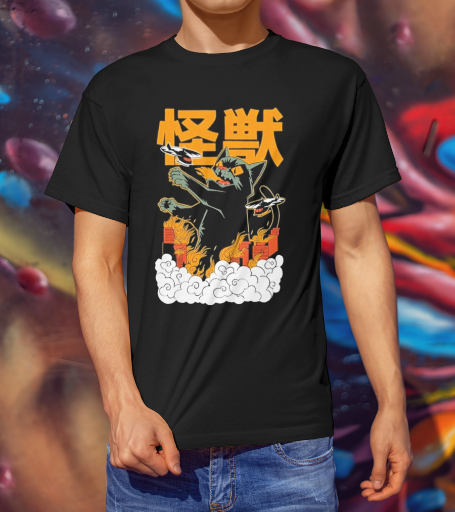 Kaiju No 8 Monster Cat Attack With Helicopters And Flames T-Shirt