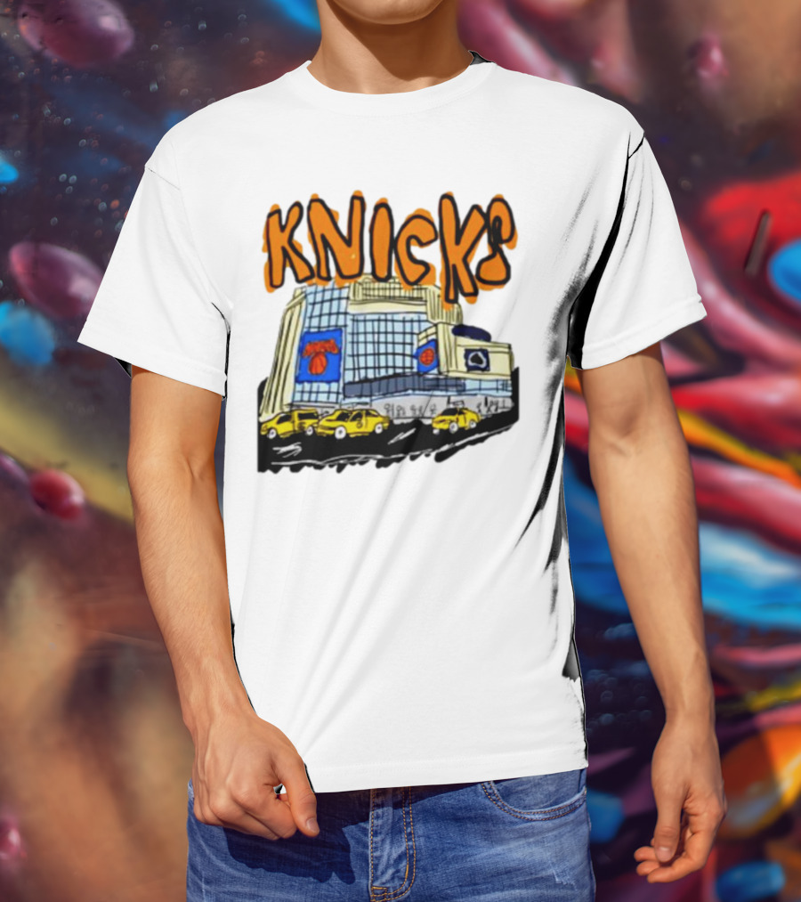 Knicks New York City Taxi Sketch With Arena Background T-Shirt