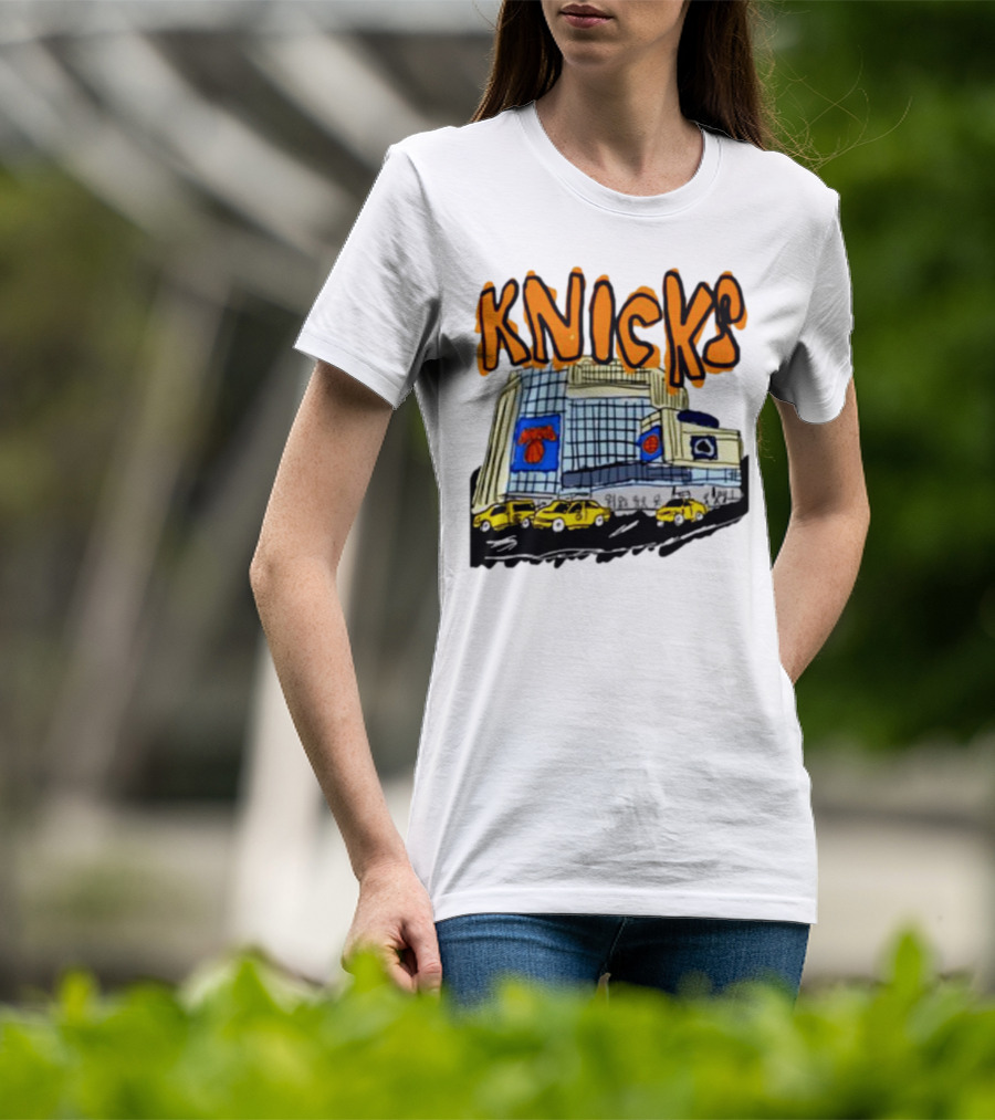 Knicks New York City Taxi Sketch With Arena Background T-Shirt