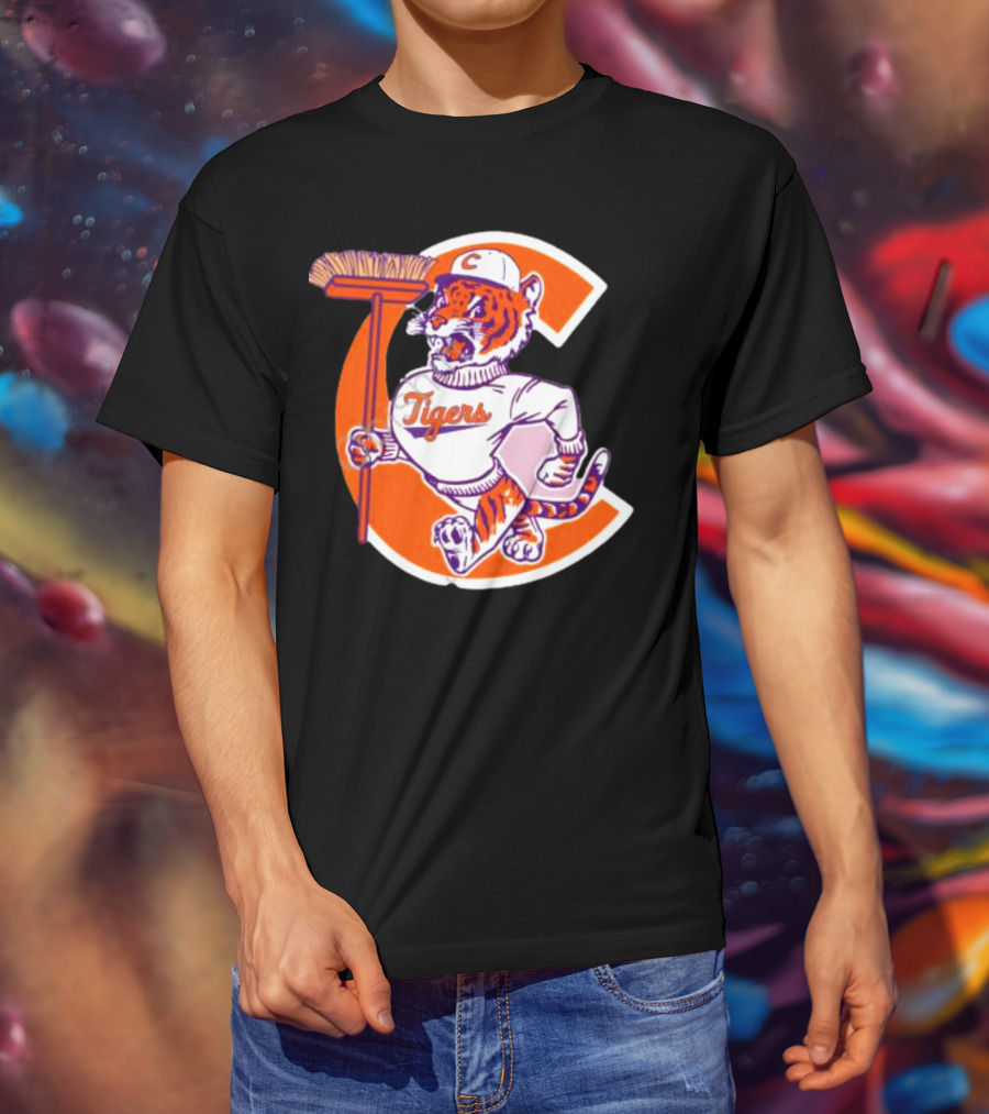 Clemson Tigers Vintage Logo With Broom And Letter C T-Shirt