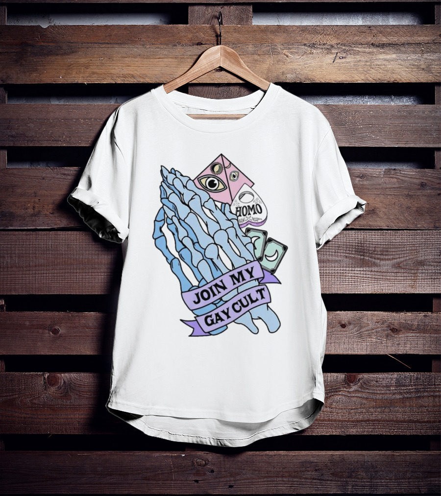 Join My Gay Cult Homo Eye Pyramid Skeleton Hands T-Shirt