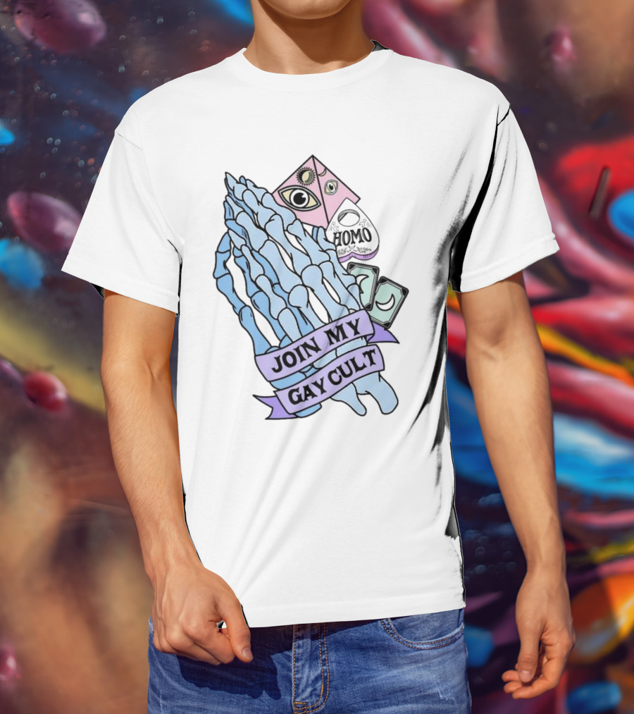 Join My Gay Cult Homo Eye Pyramid Skeleton Hands T-Shirt