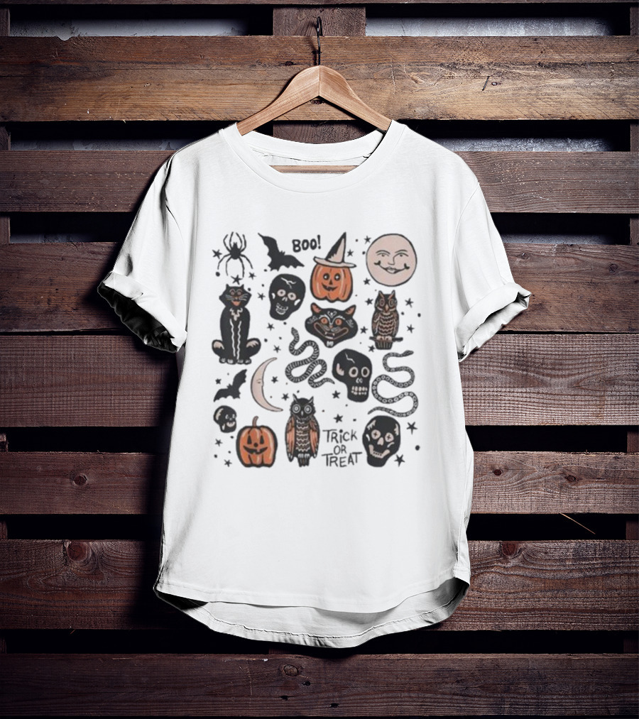Halloween Season Boo Trick Or Treat Pumpkin Skull Spooky Vibes Moon Cat Owl Snake T-Shirt
