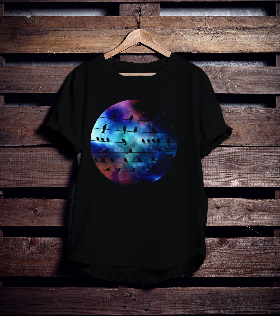 Birds On A Wire Cosmic Galaxy Silhouette In Space T-Shirt