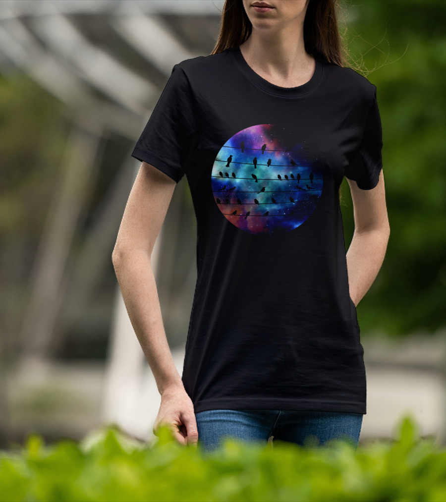 Birds On A Wire Cosmic Galaxy Silhouette In Space T-Shirt