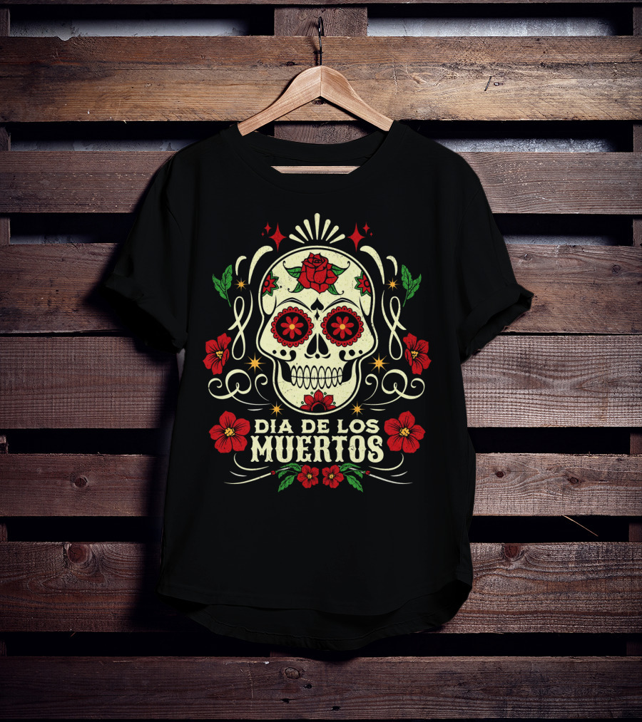 Dia De Los Muertos Skull With Red Roses And Floral Accents T-Shirt