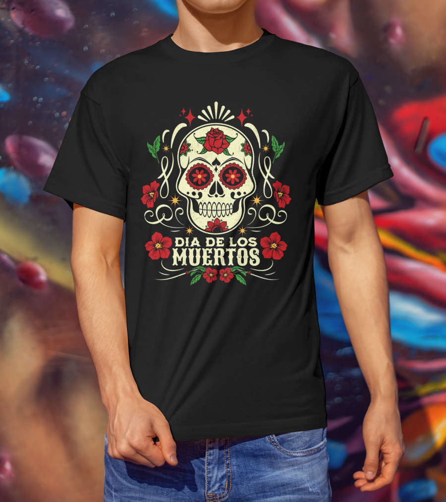 Dia De Los Muertos Skull With Red Roses And Floral Accents T-Shirt