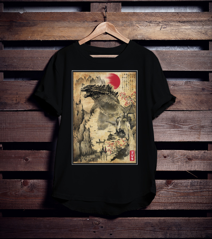 Gojira Japanese Woodblock Ukiyo-e Style With Red Sun And Cherry Blossoms T-Shirt