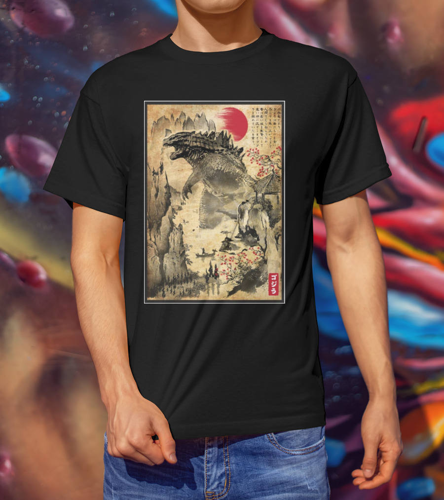 Gojira Japanese Woodblock Ukiyo-e Style With Red Sun And Cherry Blossoms T-Shirt