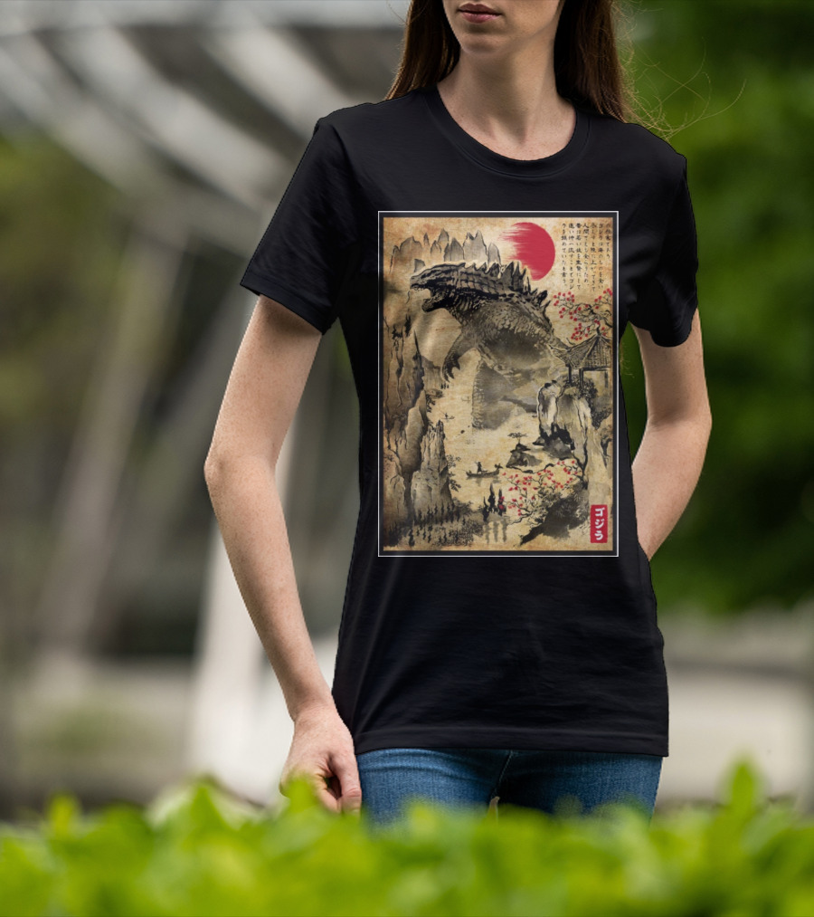 Gojira Japanese Woodblock Ukiyo-e Style With Red Sun And Cherry Blossoms T-Shirt