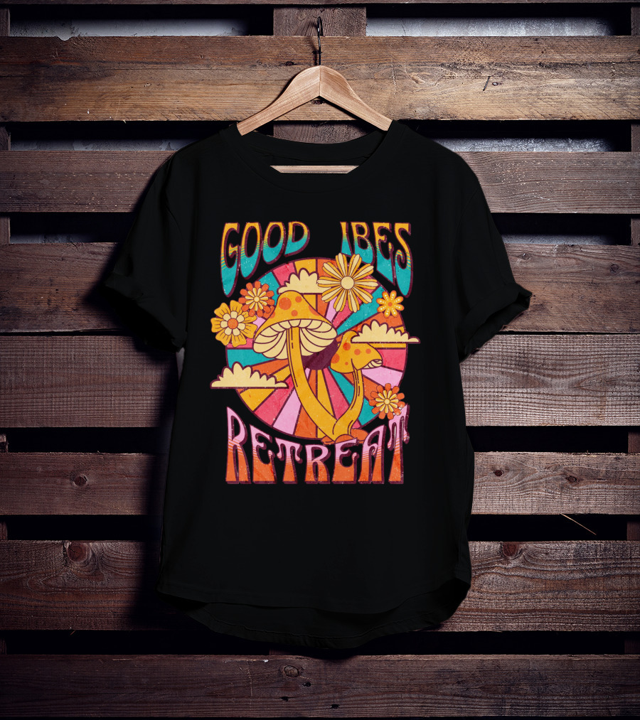 Good Vibes Retreat Mushroom Flowers Retro Psychedelic T-Shirt
