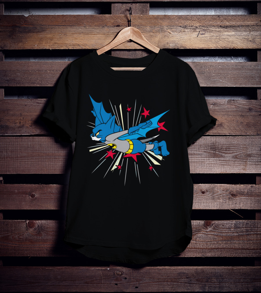 Herre Premium Bat-Cat Superhero Flying Action T-Shirt
