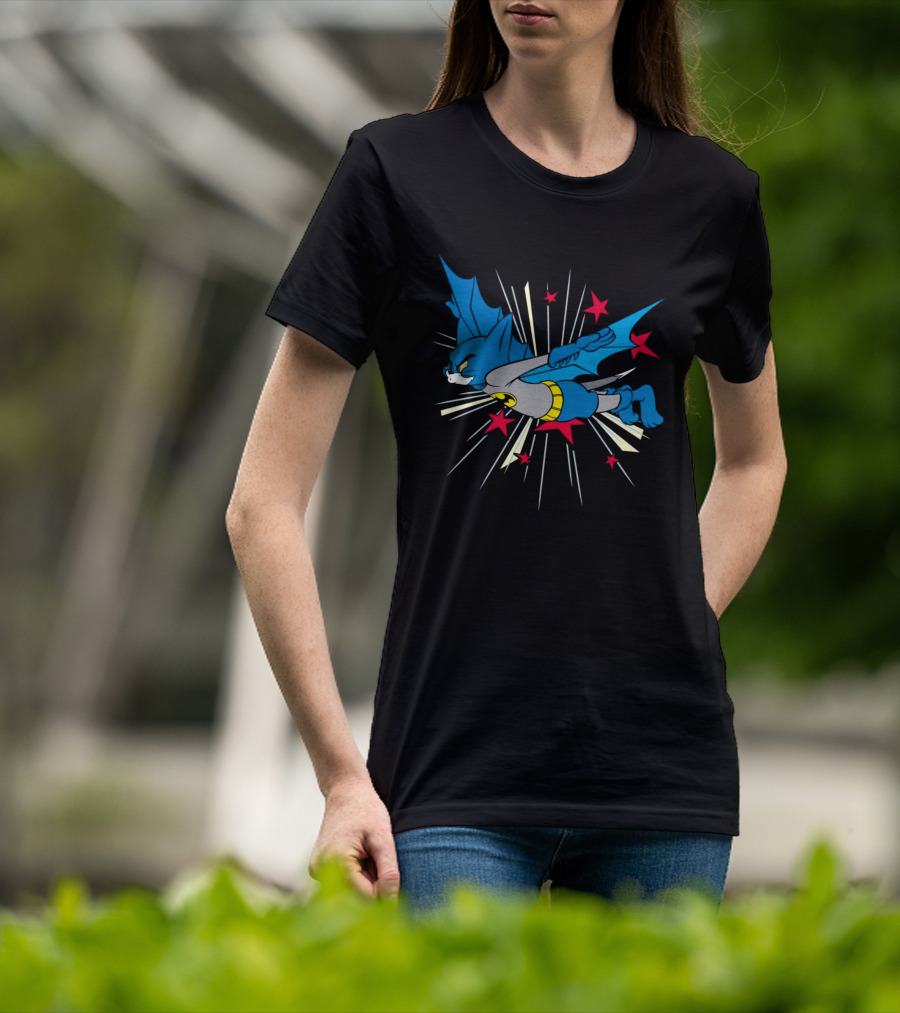 Herre Premium Bat-Cat Superhero Flying Action T-Shirt