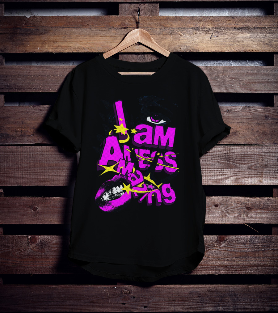 I Am Amazing Bold Eye And Lips Starburst Pink And Yellow T-Shirt