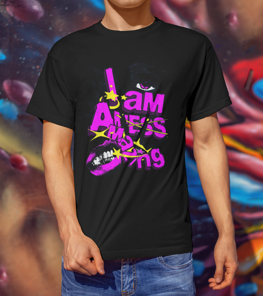 I Am Amazing Bold Eye And Lips Starburst Pink And Yellow T-Shirt