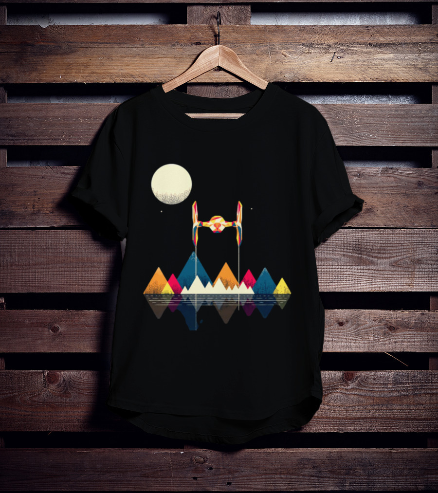 Imperial Fighter Tie Spaceship Over Geometric Mountains And Moon T-Shirt