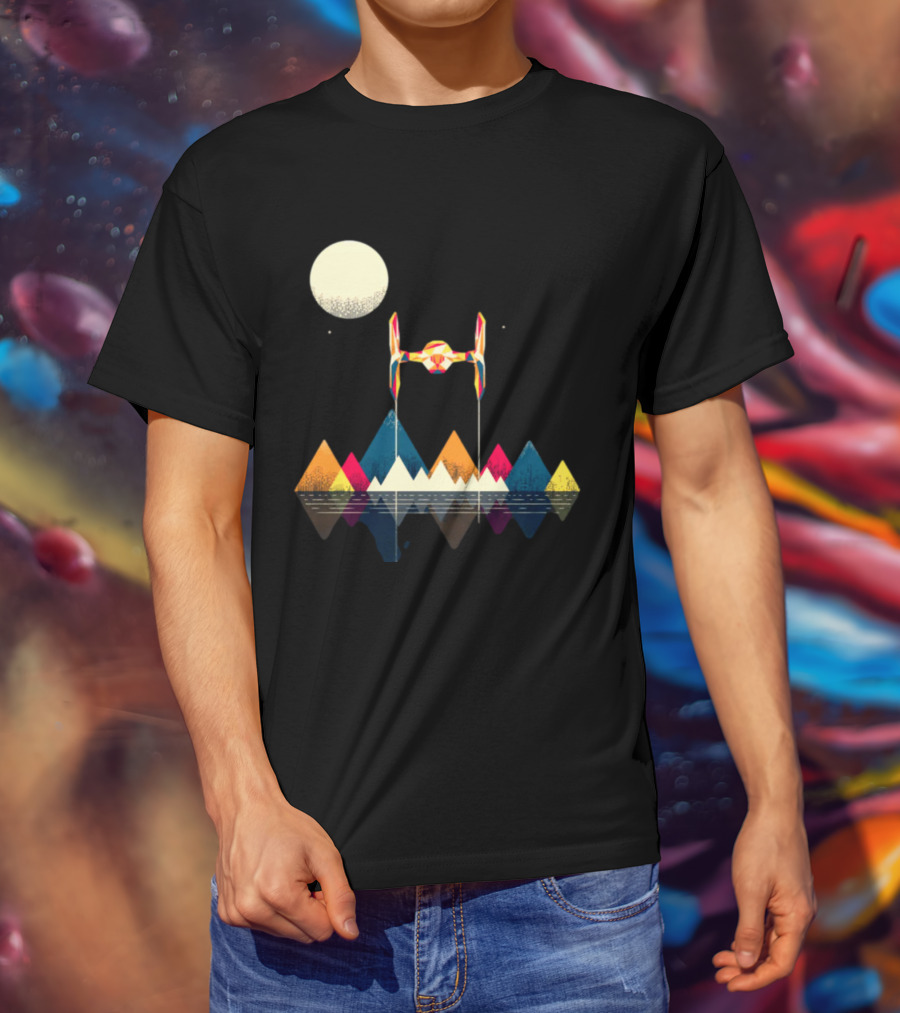 Imperial Fighter Tie Spaceship Over Geometric Mountains And Moon T-Shirt