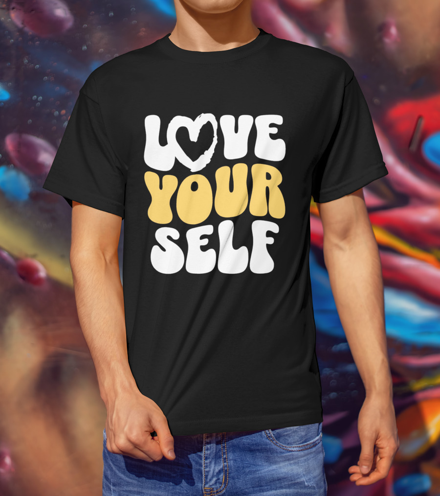 Love Your Self Heart Wavy Typography T-Shirt
