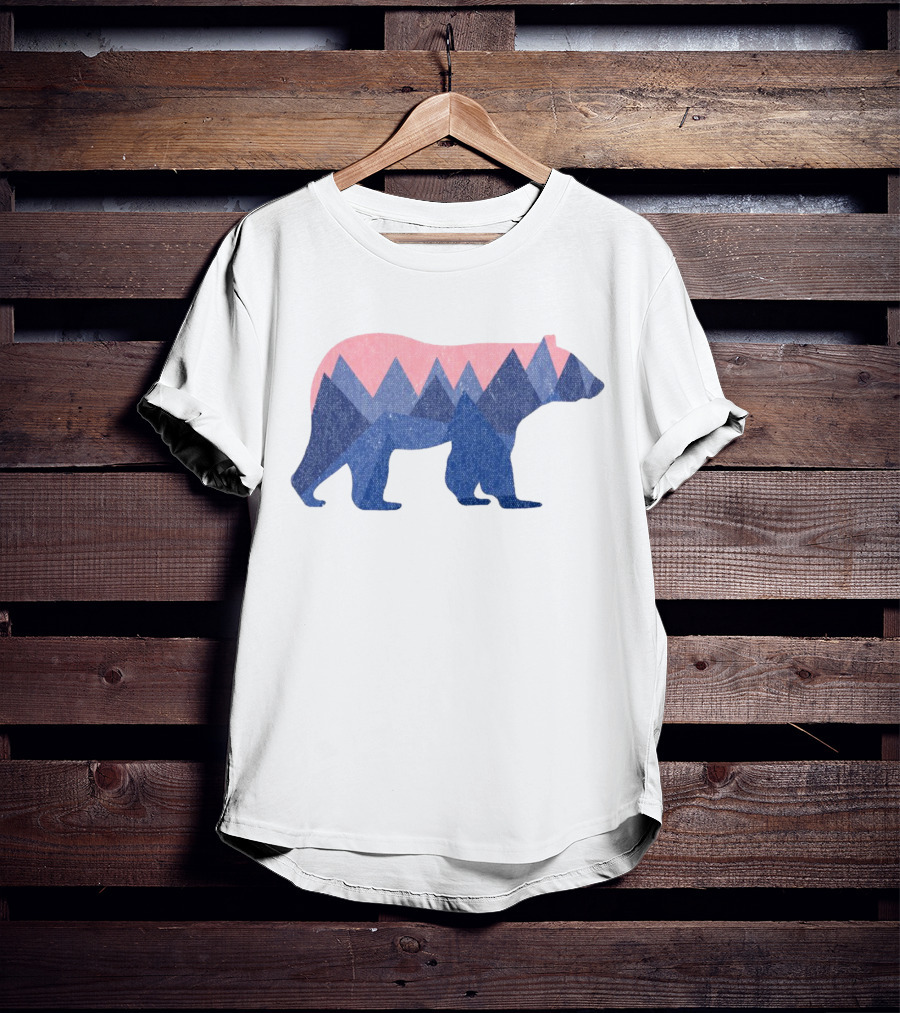 Mountain Bear Silhouette With Geometric Peaks In Blue And Pink T-Shirt